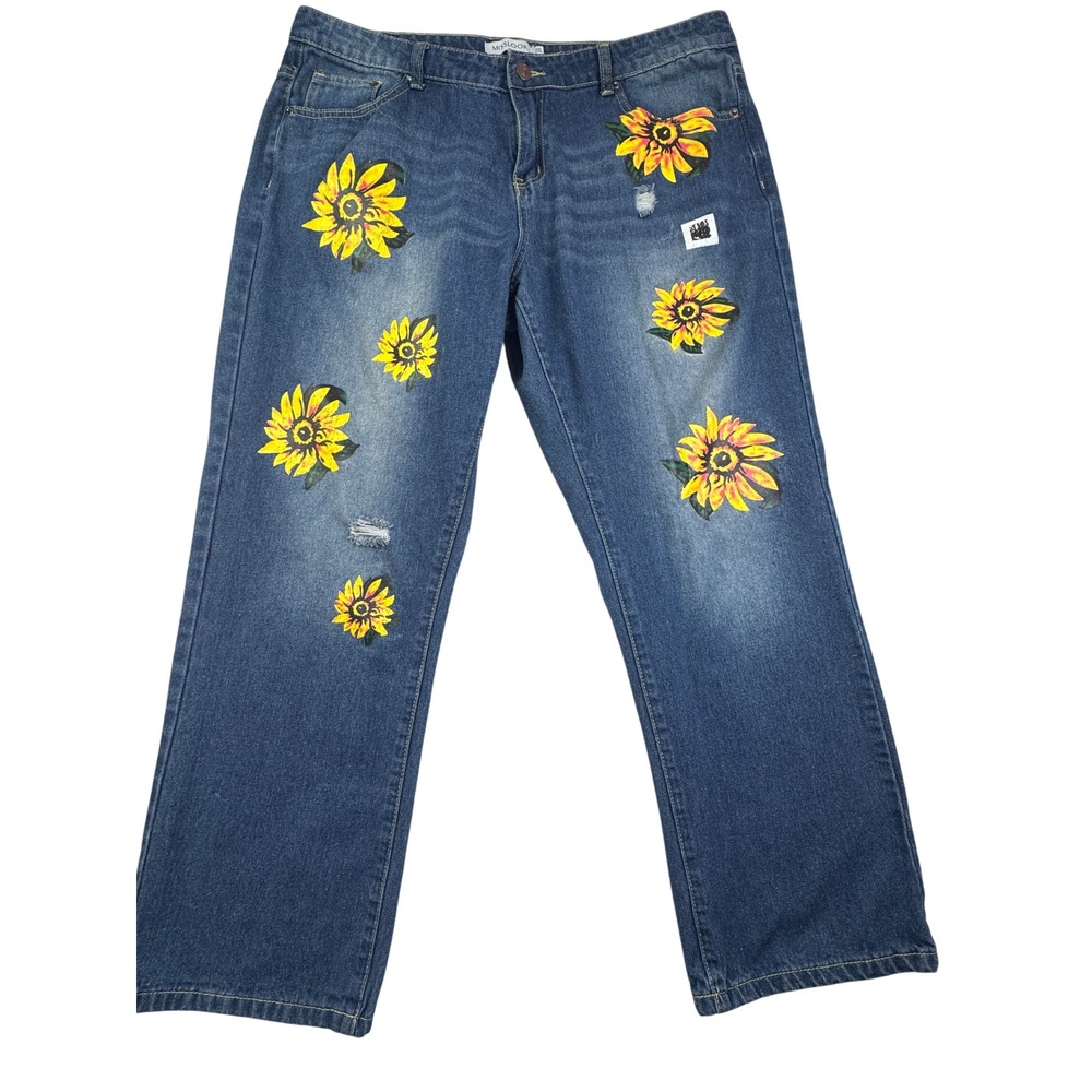 Misslook Sunflower Print Distressed Straight Leg Denim Jeans Blue 2XL boho art - Picture 1 of 14